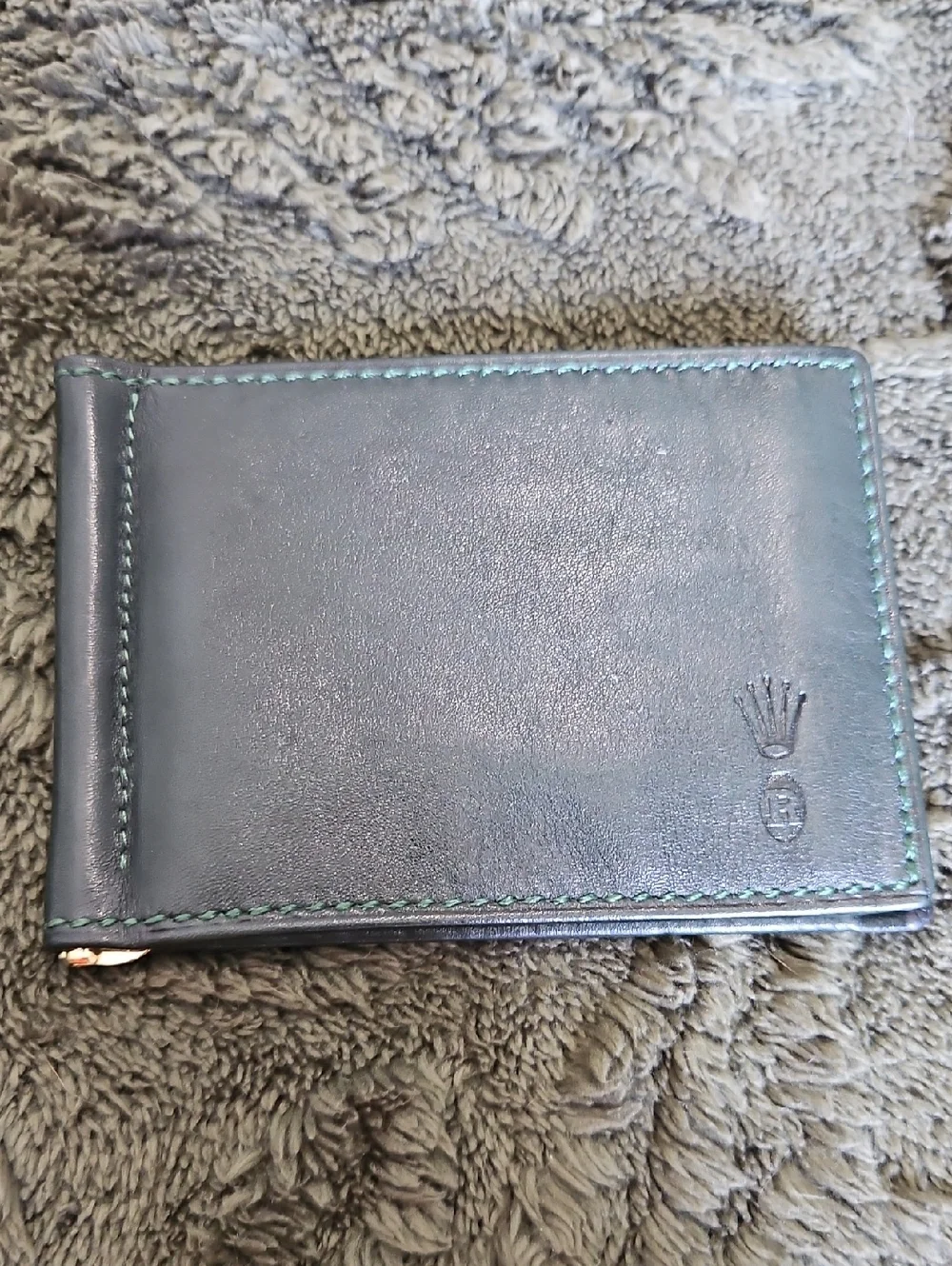 Rare Rolex Vintage Green Leather Money Clip with Green Stitching